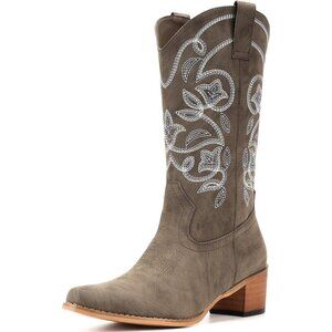 Women's Khaki Pointy Toe Faux Leather Western Cowgirl Mid Calf Boots